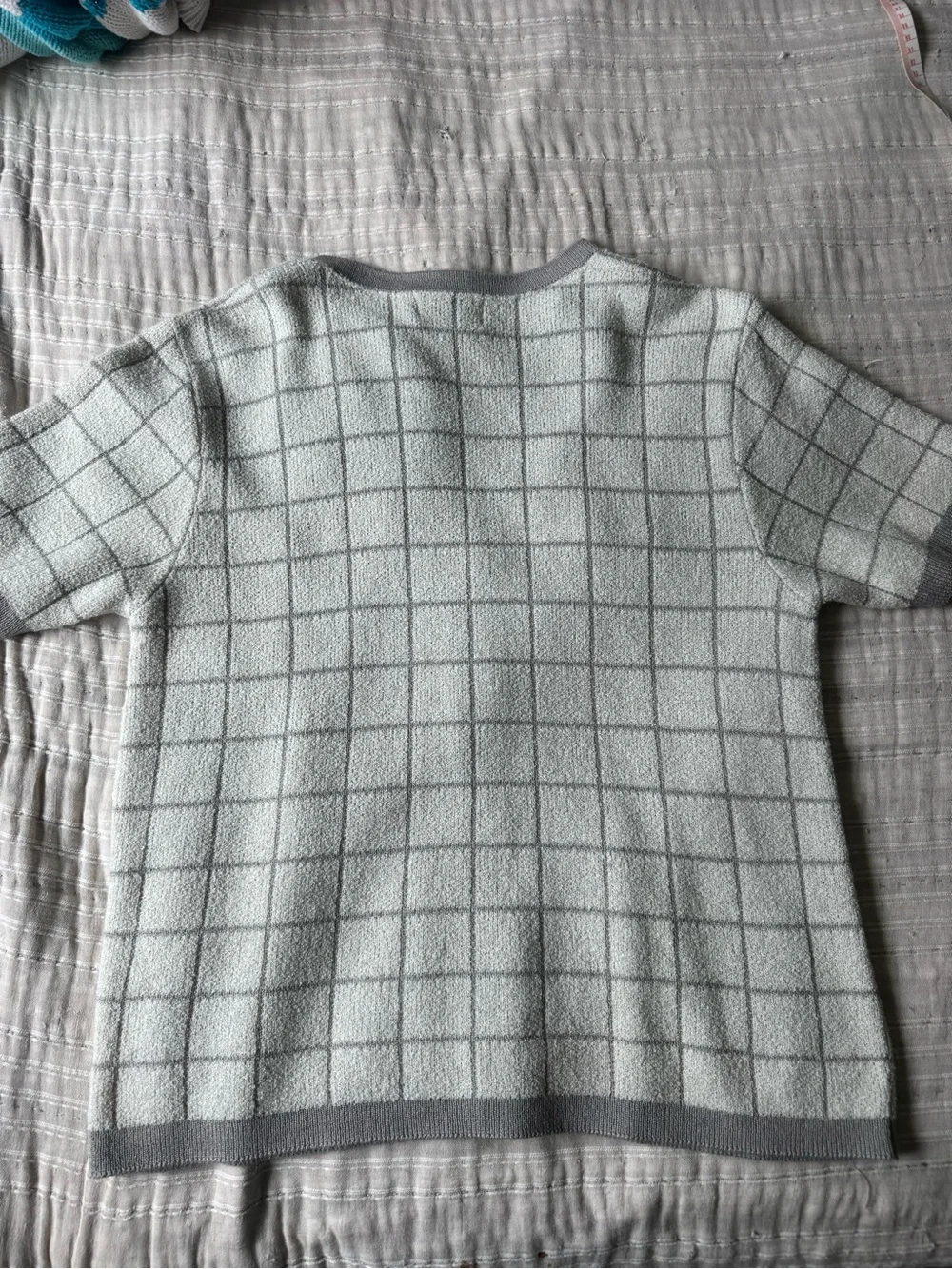 Alfred Dunner Cream and Gray Grid Short-Sleeve Button Cardigan
